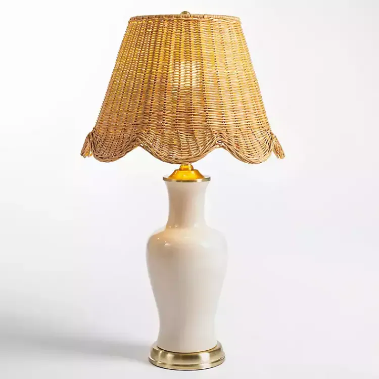 Table Lamps-Kirklands Home Cream Ceramic Table Lamp With Woven Shade Tan