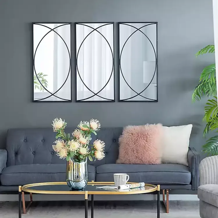 Decorative Mirrors-Kirklands Home Black Metal Geometric Wall Mirrors, Set of 3