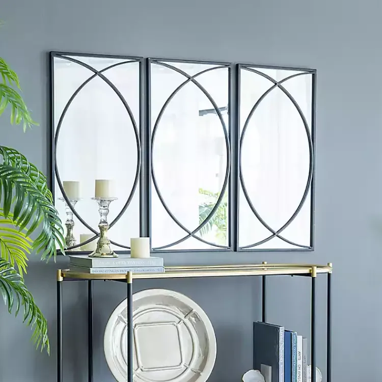 Decorative Mirrors-Kirklands Home Black Metal Geometric Wall Mirrors, Set of 3