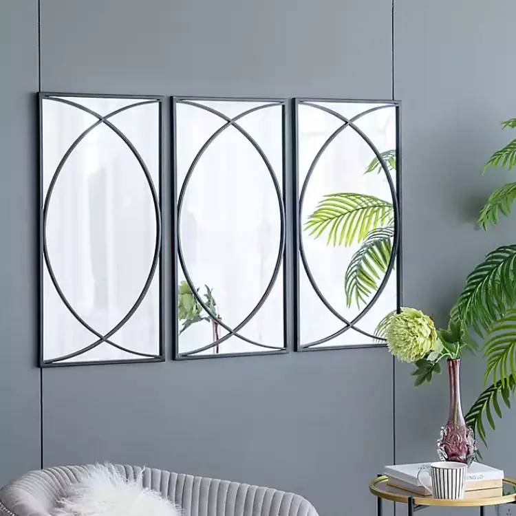 Decorative Mirrors-Kirklands Home Black Metal Geometric Wall Mirrors, Set of 3