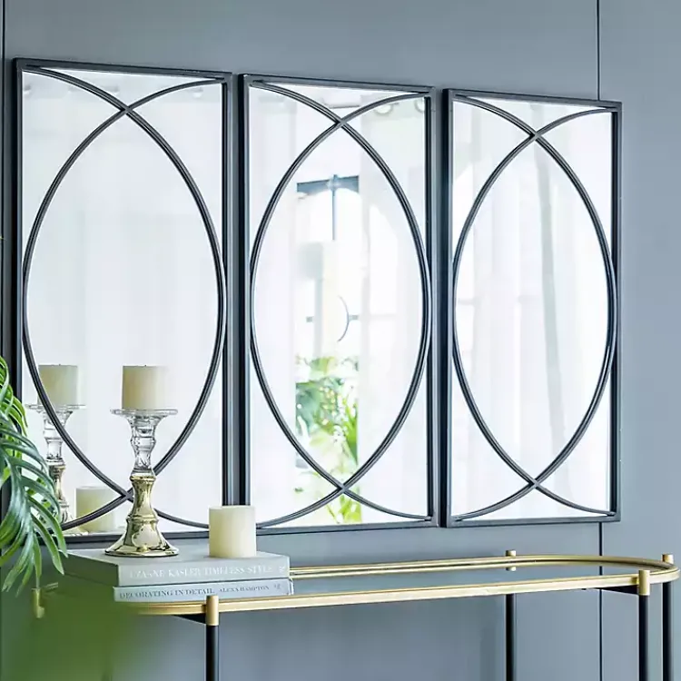 Decorative Mirrors-Kirklands Home Black Metal Geometric Wall Mirrors, Set of 3