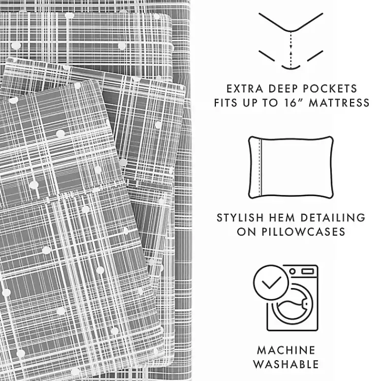 Bed Sheets-Kirklands Home Plaid Polka Dot 3-pc. Twin Sheet Set Gray