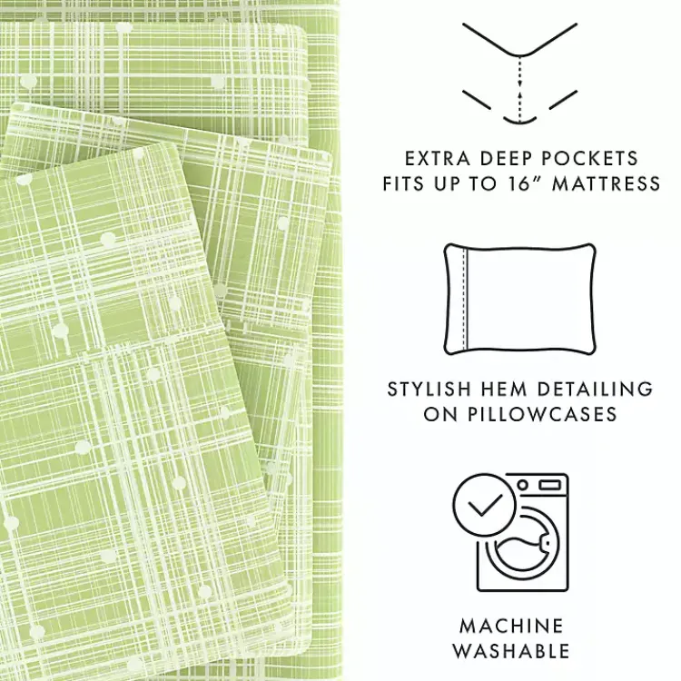 Bed Sheets-Kirklands Home Plaid Polka Dot 3-pc. Twin Sheet Set Green