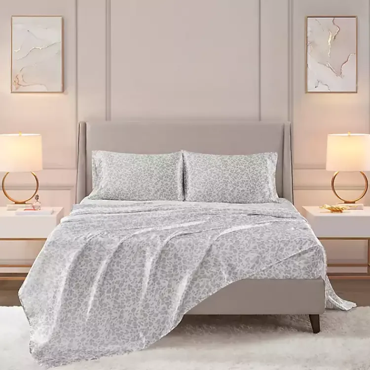 Bed Sheets-Kirklands Home Gray Leopard Print Satin 4-pc. King Sheet Set