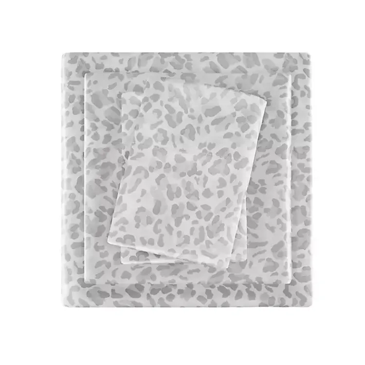 Bed Sheets-Kirklands Home Gray Leopard Print Satin 3-pc. Twin Sheet Set