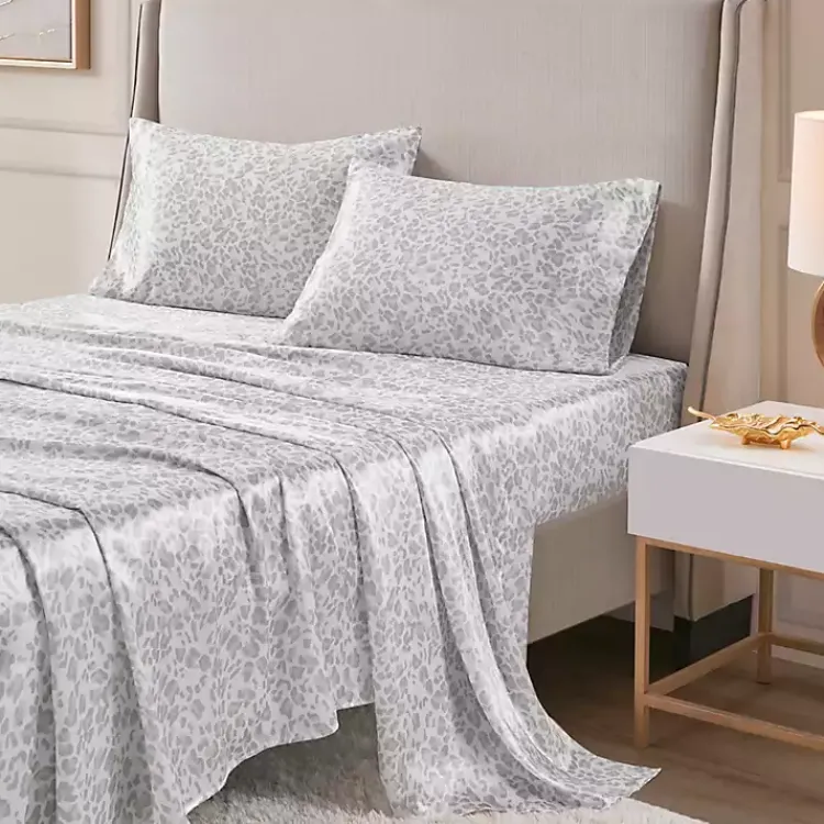 Bed Sheets-Kirklands Home Gray Leopard Print Satin 3-pc. Twin Sheet Set