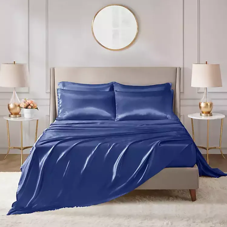 Bed Sheets-Kirklands Home Navy Satin 6-pc. Queen Sheet Set Blue