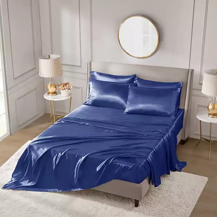 Bed Sheets-Kirklands Home Navy Blue Satin 6-pc. California King Sheet Set Gray