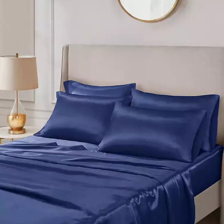 Bed Sheets-Kirklands Home Navy Blue Satin 6-pc. California King Sheet Set Gray