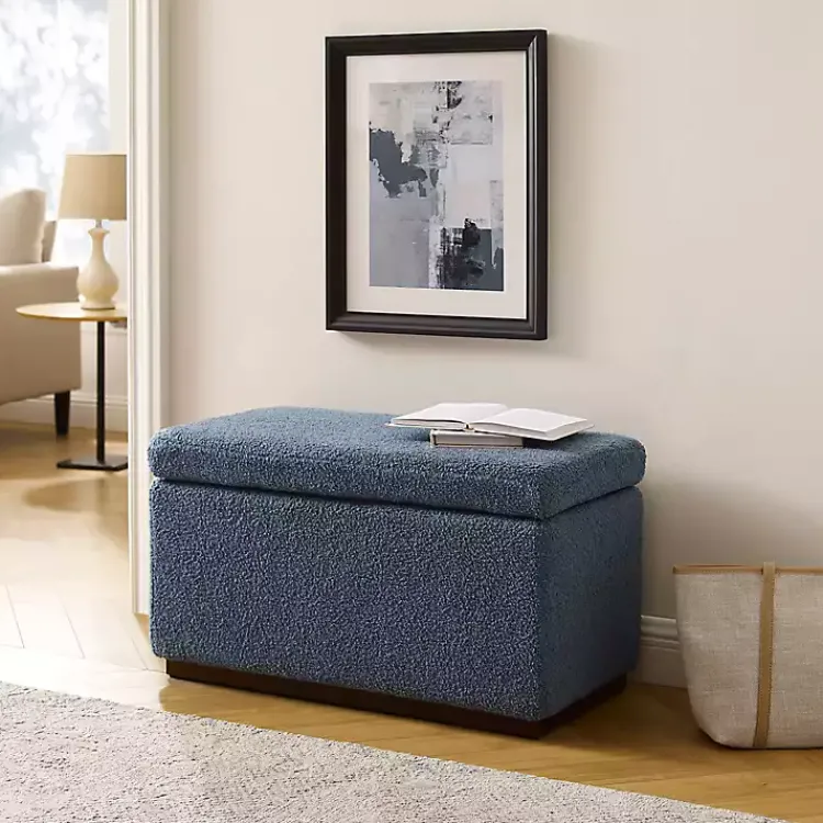 Benches & Ottomans-Kirklands Home Blue Sherpa & Walnut Rectangle Storage Ottoman