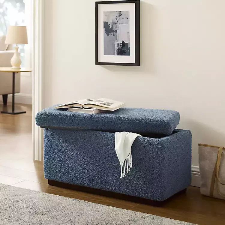 Benches & Ottomans-Kirklands Home Blue Sherpa & Walnut Rectangle Storage Ottoman