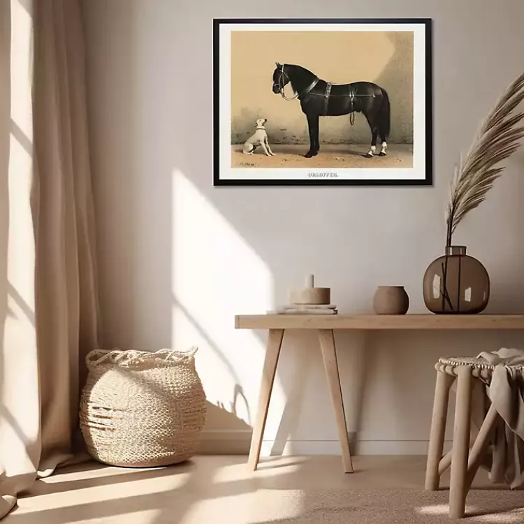 Framed Art-Kirklands Home Antiqued Horse and Dog Framed Wall Art Tan