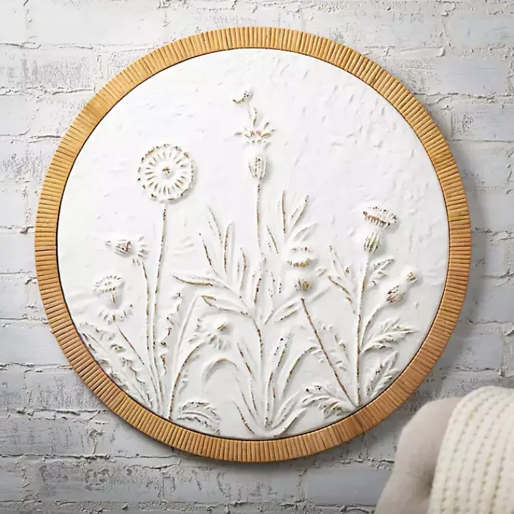 Wall Plaques-Kirklands Home Embossed Ivory Floral Round Framed Wall Plaque White