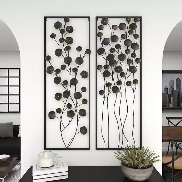 Wall Plaques-Kirklands Home Metal Floral Wall Plaques, Set of 2 Black