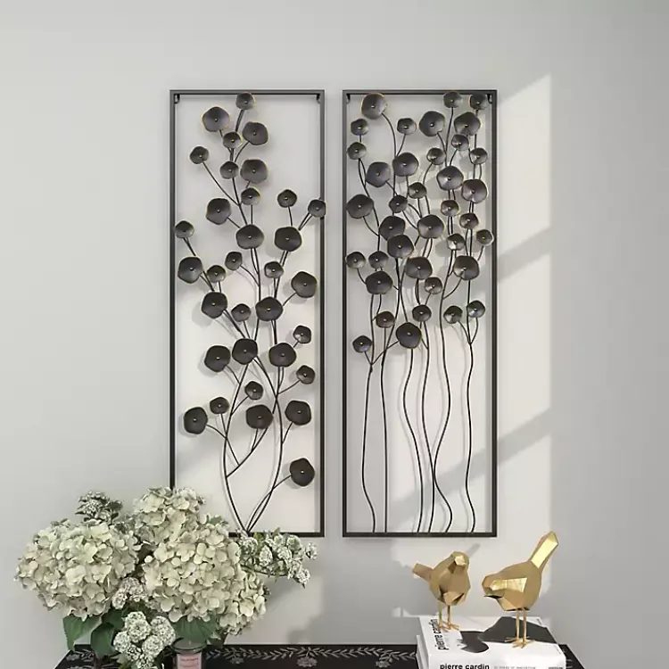 Wall Plaques-Kirklands Home Metal Floral Wall Plaques, Set of 2 Black