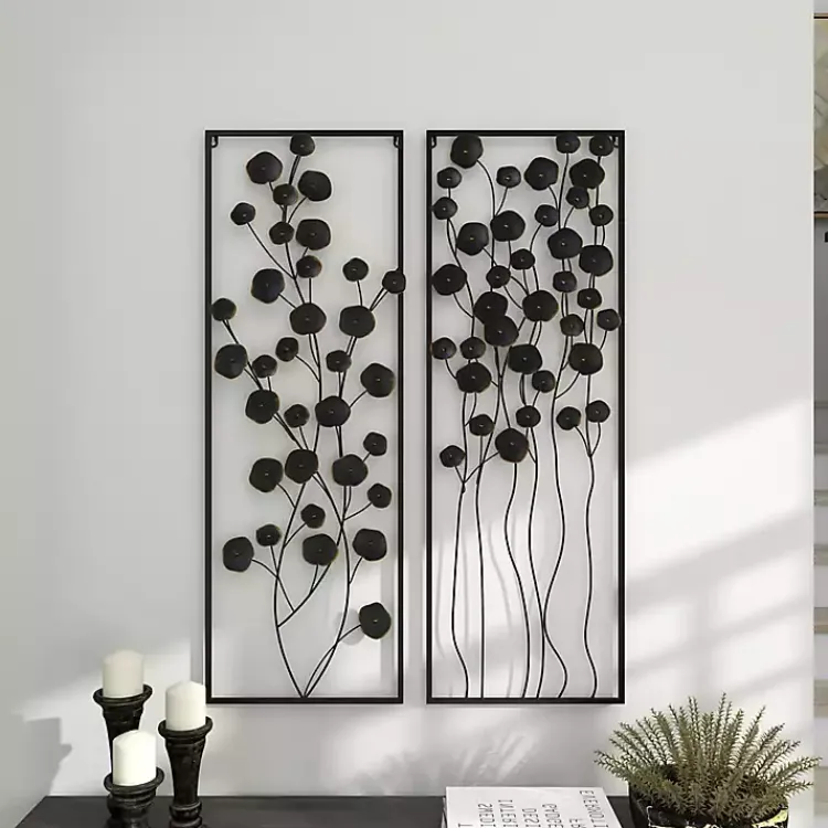 Wall Plaques-Kirklands Home Metal Floral Wall Plaques, Set of 2 Black