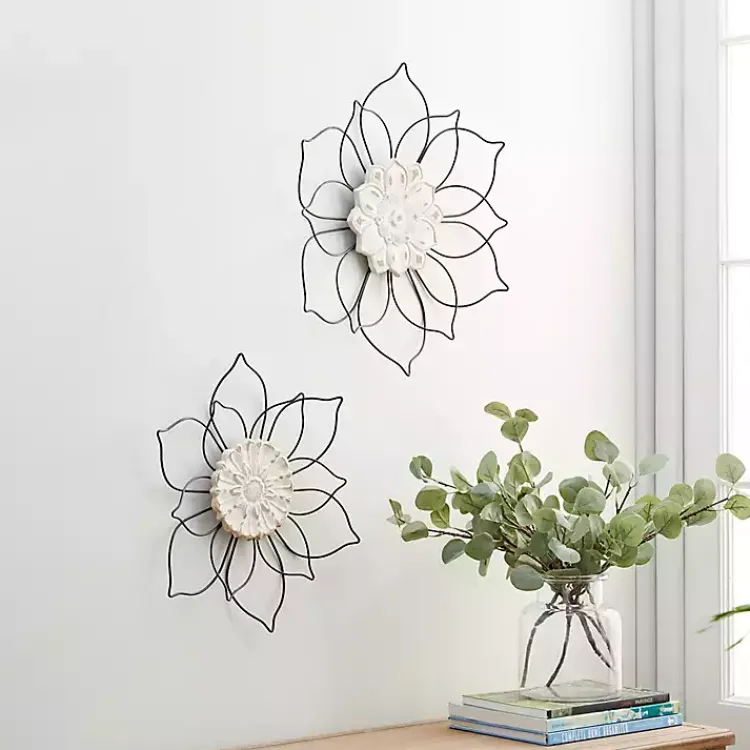 Wall Plaques-Kirklands Home Black Metal and Wood Floral Wall Plaques, Set of 2