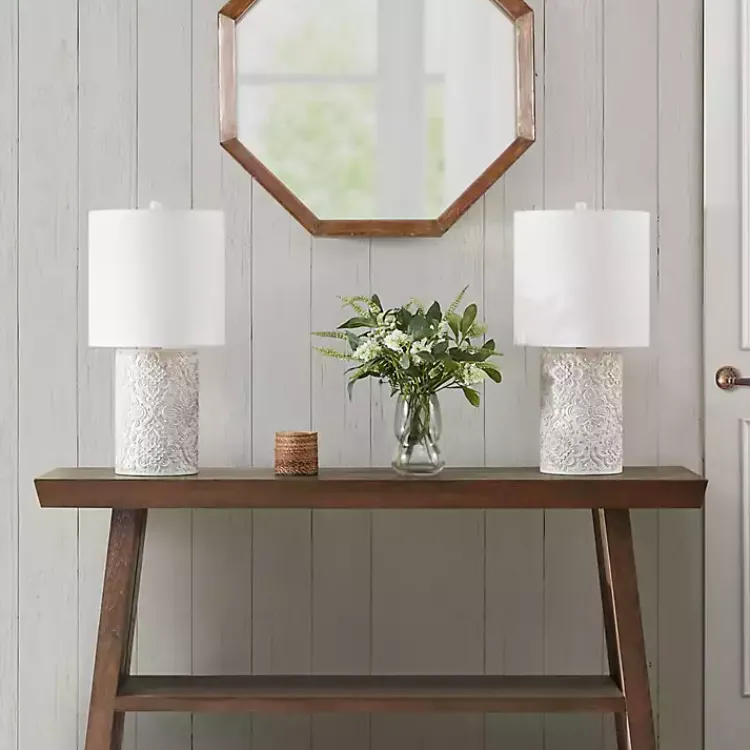 Table Lamps-Kirklands Home Cream Embossed Floral Table Lamp White