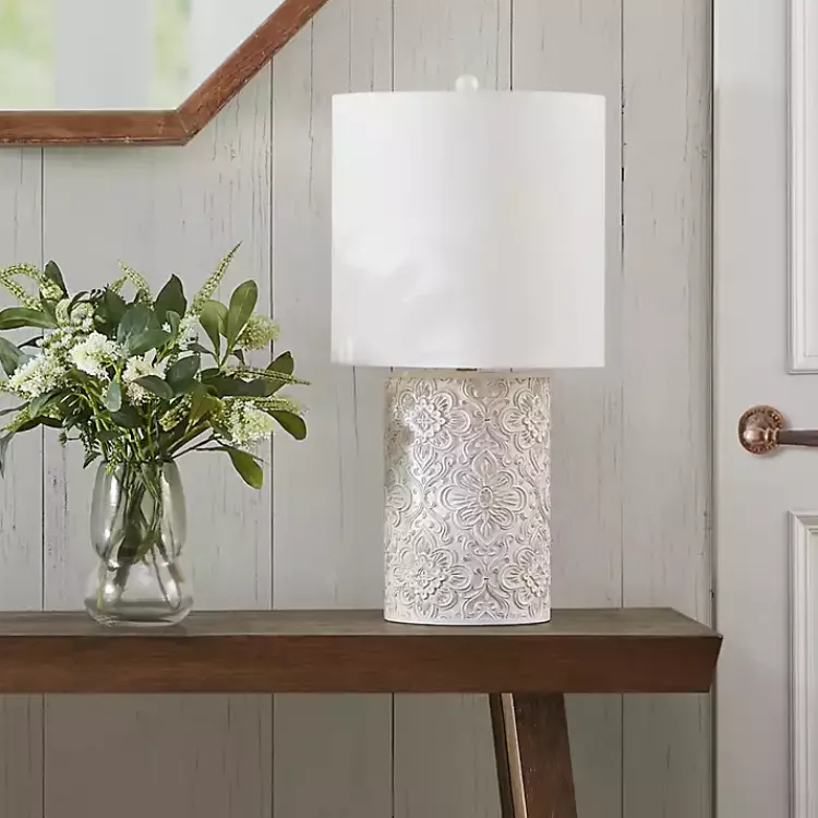 Table Lamps-Kirklands Home Cream Embossed Floral Table Lamp White