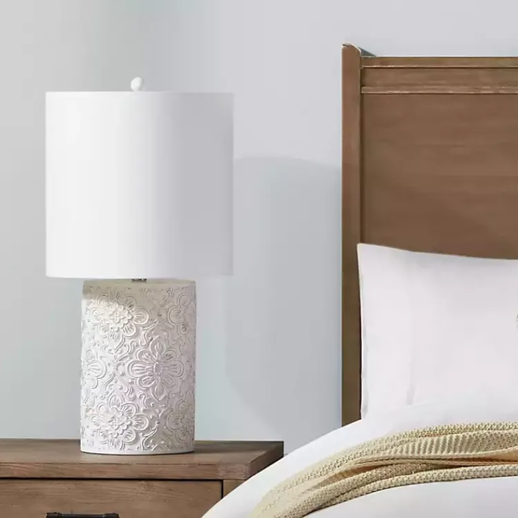 Table Lamps-Kirklands Home Cream Embossed Floral Table Lamp White