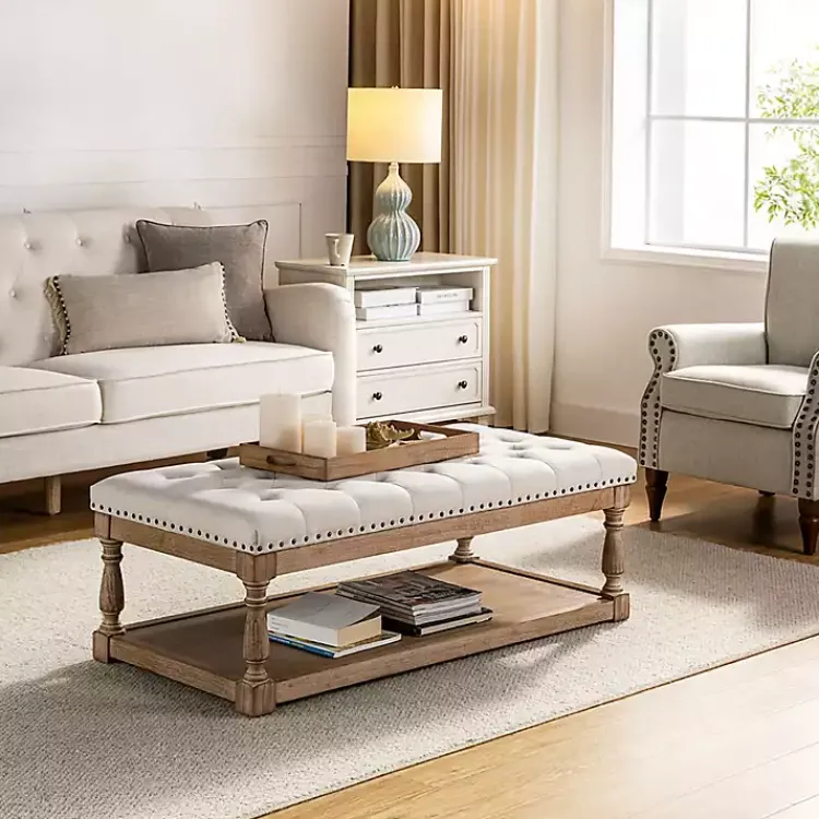Benches & Ottomans-Kirklands Home Tufted Rectangle Wood Ottoman Ivory