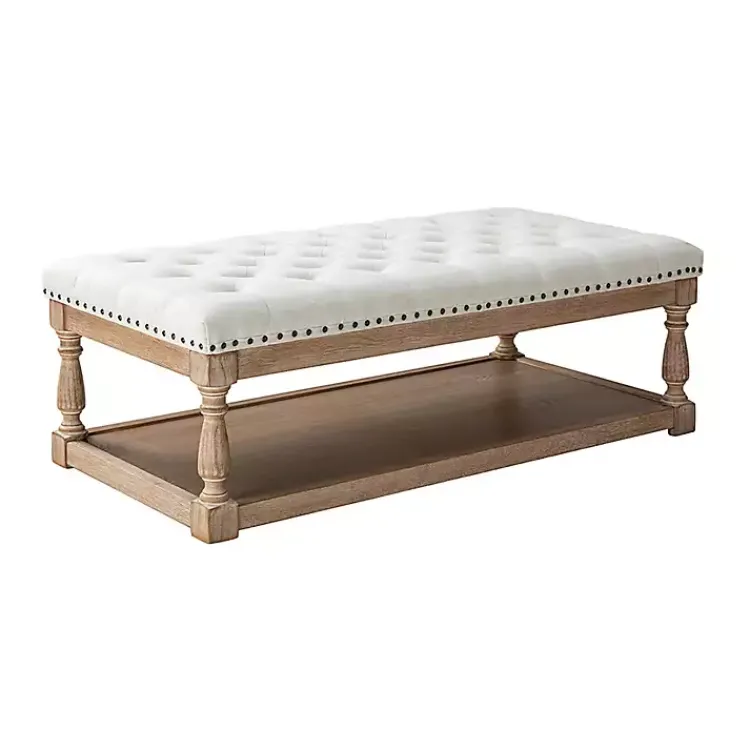 Benches & Ottomans-Kirklands Home Tufted Rectangle Wood Ottoman Ivory