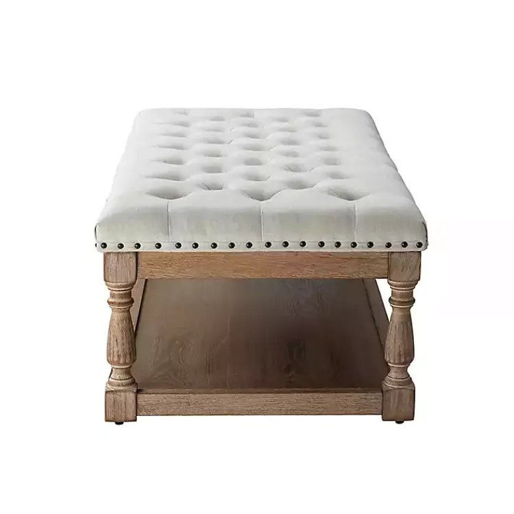 Benches & Ottomans-Kirklands Home Tufted Rectangle Wood Ottoman Ivory