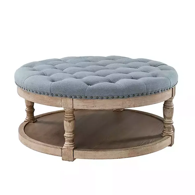 Benches & Ottomans-Kirklands Home Round Cepheus Tufted Ottoman Blue