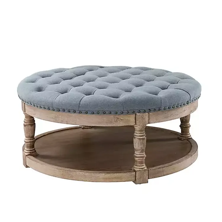 Benches & Ottomans-Kirklands Home Round Cepheus Tufted Ottoman Blue