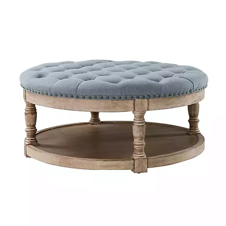 Benches & Ottomans-Kirklands Home Round Cepheus Tufted Ottoman Blue