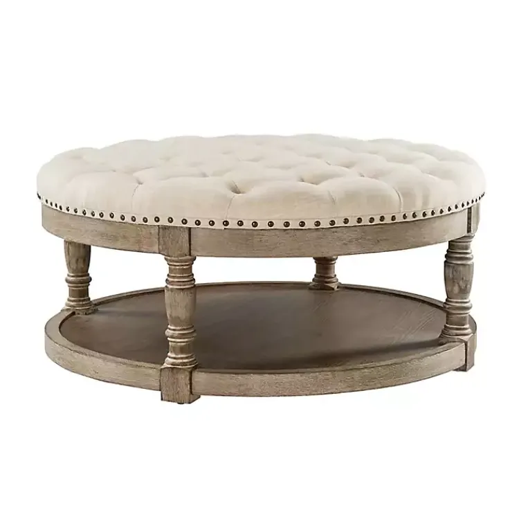 Benches & Ottomans-Kirklands Home Round Cepheus Tufted Ottoman Tan