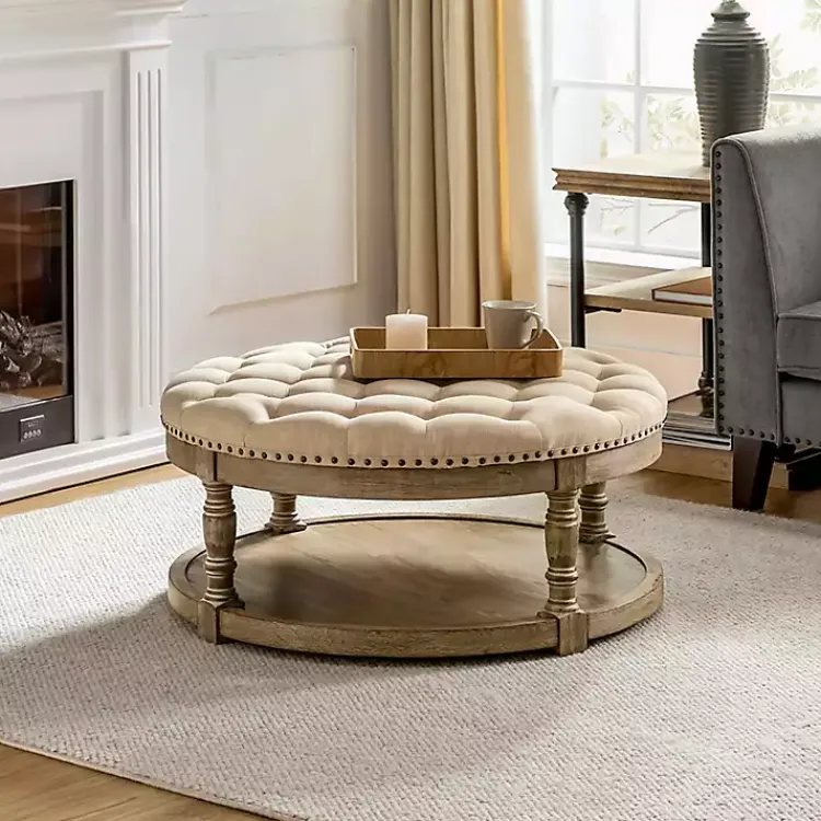 Benches & Ottomans-Kirklands Home Round Cepheus Tufted Ottoman Tan