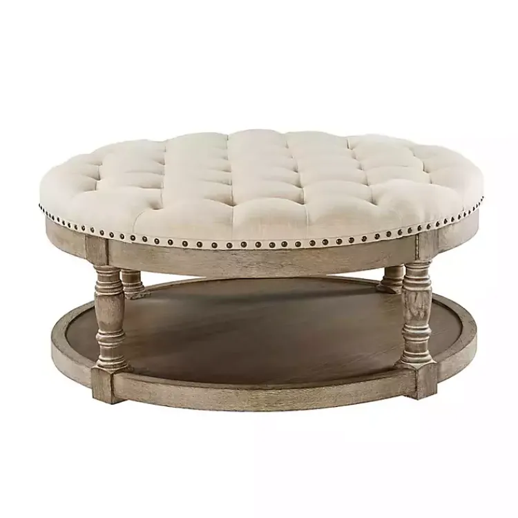 Benches & Ottomans-Kirklands Home Round Cepheus Tufted Ottoman Tan