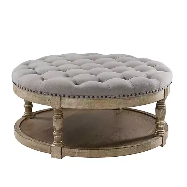 Benches & Ottomans-Kirklands Home Round Cepheus Tufted Ottoman Gray