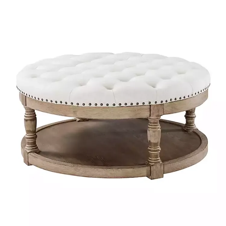 Benches & Ottomans-Kirklands Home Round Cepheus Tufted Ottoman Ivory