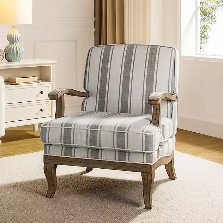 Accent Chairs-Kirklands Home Farmhouse Gray & Ivory Striped Armchair