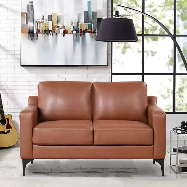 Sofas & Loveseats-Kirklands Home Faux Leather Fletcher Loveseat Brown