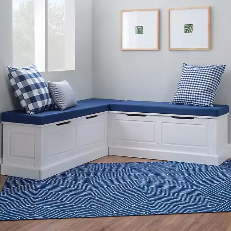 Benches & Ottomans-Kirklands Home White Corner Bench with Blue Cushions