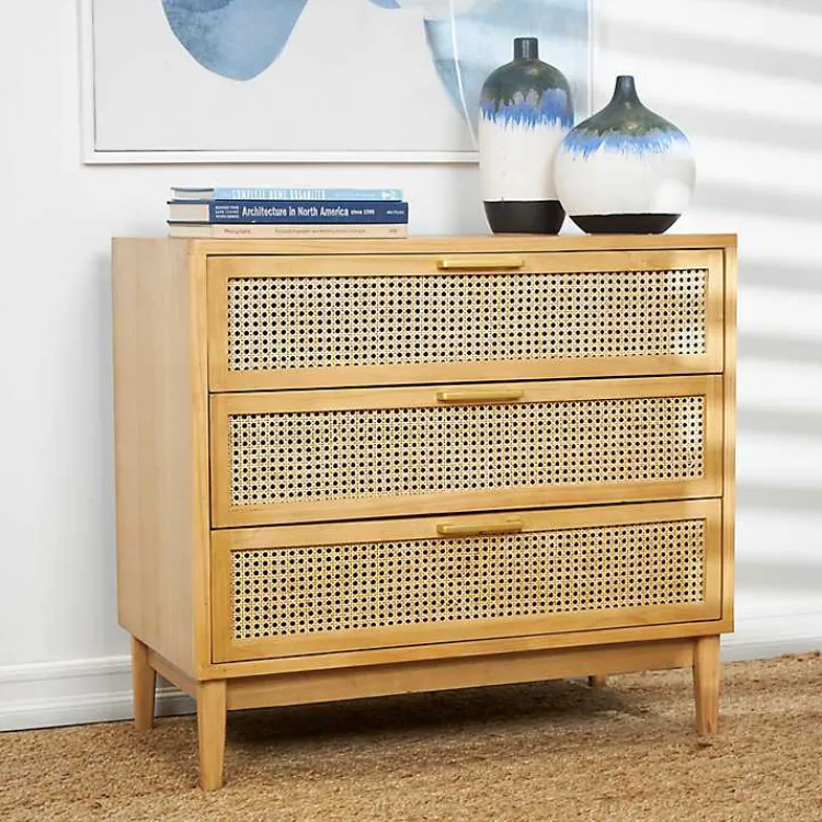 Dressers & Chests-Kirklands Home Natural Wood and Rat 3-Drawer Chest Tan