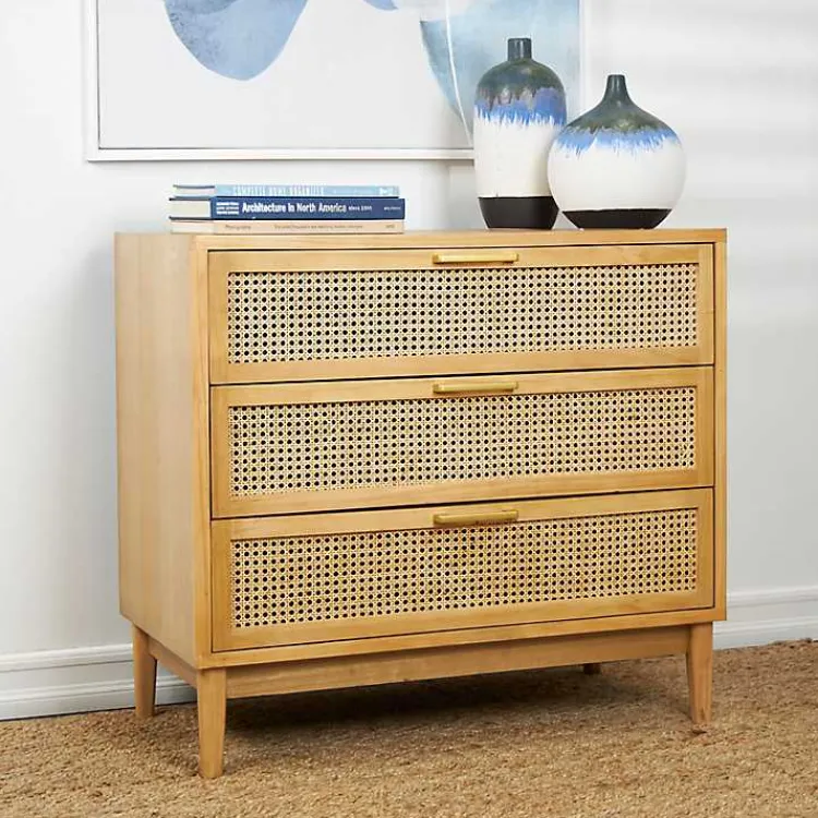 Dressers & Chests-Kirklands Home Natural Wood and Rat 3-Drawer Chest Tan