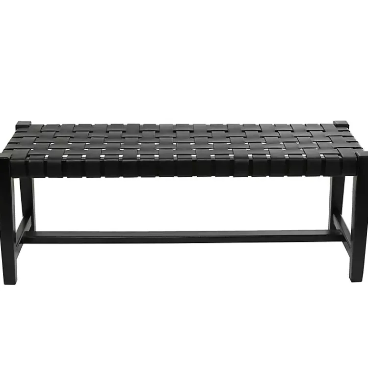Benches & Ottomans-Kirklands Home Teak Wood and Leather Bench Black