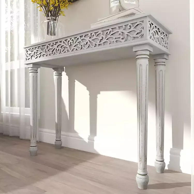 Console Tables-Kirklands Home Carved Wood Console Table Gray