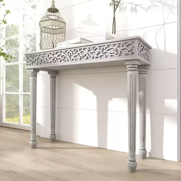 Console Tables-Kirklands Home Carved Wood Console Table Gray