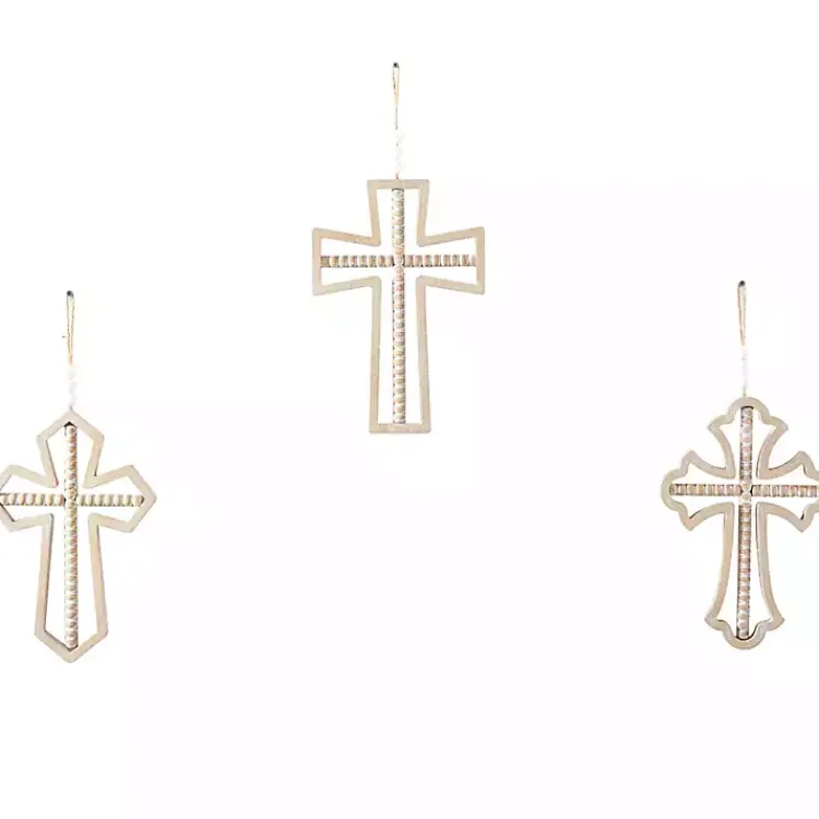 Wall Plaques-Kirklands Home Natural Beaded Wood Cross Wall Plaques, Set of 3 Tan