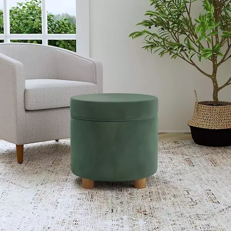 Benches & Ottomans-Kirklands Home Moss Round Velvet Storage Ottoman Green