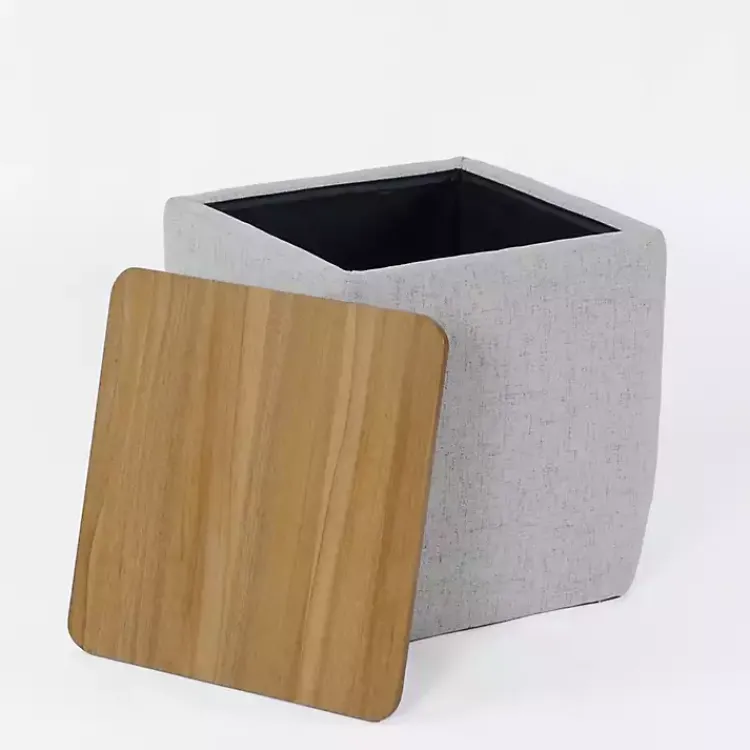 Benches & Ottomans-Kirklands Home Upholstered Storage Ottoman with Wood Lid Gray