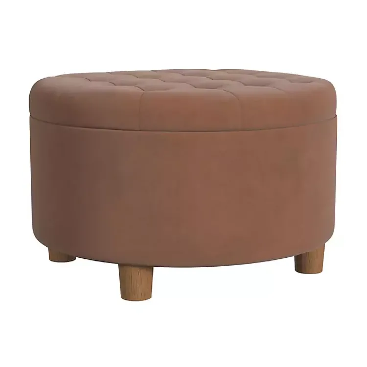 Benches & Ottomans-Kirklands Home Spice Round Velvet Tufted Storage Ottoman Brown
