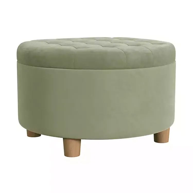 Benches & Ottomans-Kirklands Home Sage Round Velvet Tufted Storage Ottoman Green