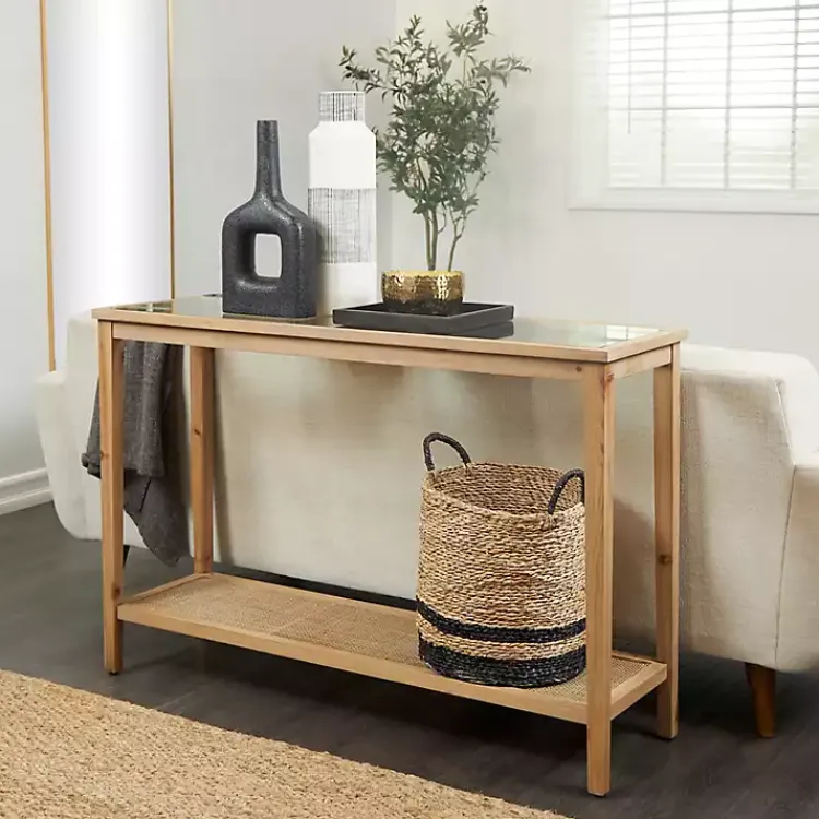 Entryway Furniture-Kirklands Home Wood Glass Top Console Table with Rattan Shelf Brown