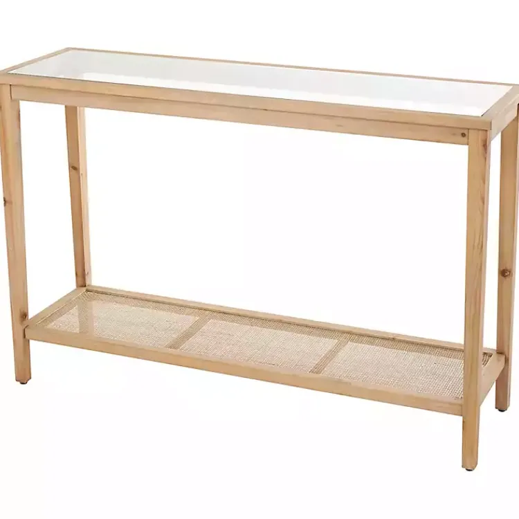 Entryway Furniture-Kirklands Home Wood Glass Top Console Table with Rattan Shelf Brown